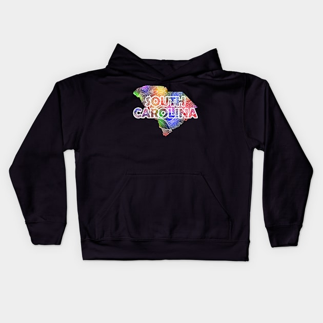 Colorful mandala art map of South Carolina with text in multicolor pattern Kids Hoodie by Happy Citizen